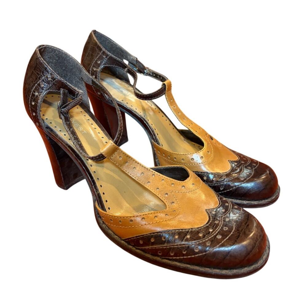 NINE WEST Women's T-Strap Spectator Wingtip Block Heels Brown 9.5 Vintage Y2K